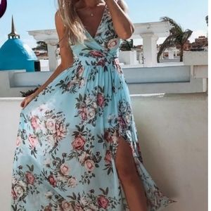 Floral Print V Neck High Slit Maxi Beach Dress Size Small